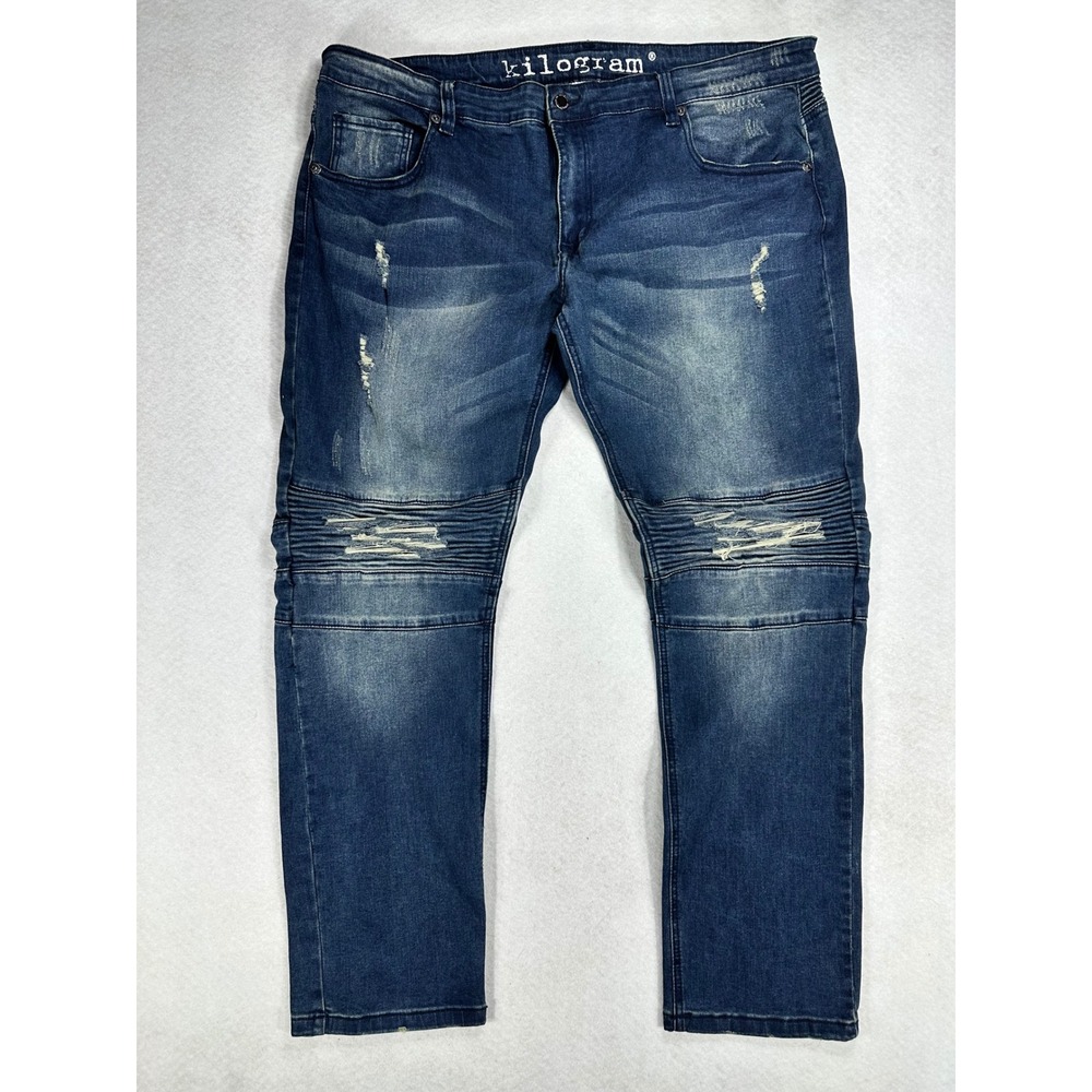 Kilogram Mens Moto Biker Jeans Blue Distressed Ribbed Panel Denim Size 44